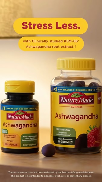 This ad creative features two bottles of Ashwagandha supplements with clear text overlays highlighting key product benefits and efficacy.